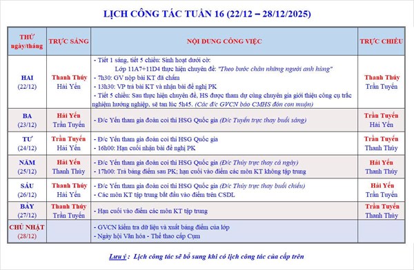 Lịch công tác tuần 16 - Năm học 2025-2026