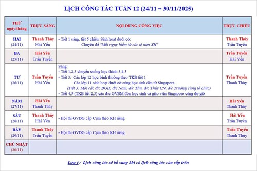 Lịch công tác tuần 12 - Năm học 2025-2026