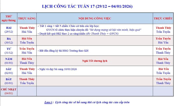 Lịch công tác tuần 17 - Năm học 2025-2026