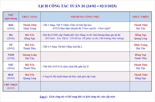 Lịch công tác tuần 26 - Năm học 2024-2025