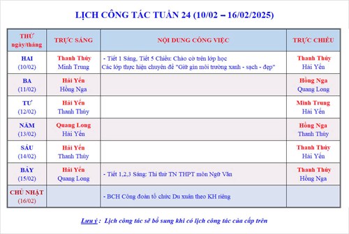 Lịch công tác tuần 24 - Năm học 2024-2025