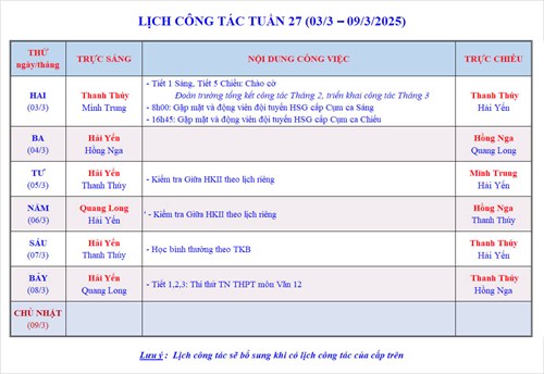 Lịch công tác tuần 27 - Năm học 2024-2025