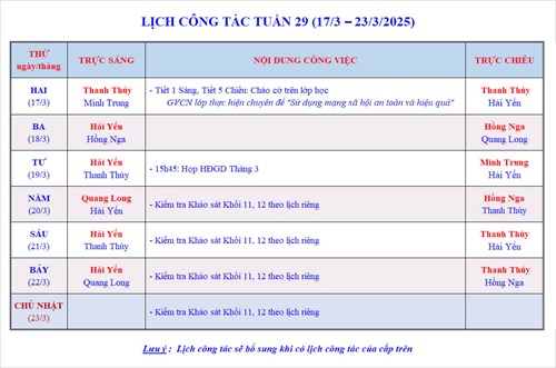 Lịch công tác tuần 29 - Năm học 2024-2025