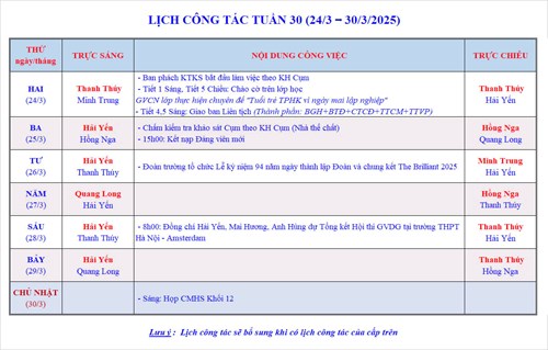 Lịch công tác tuần 30 - Năm học 2024-2025
