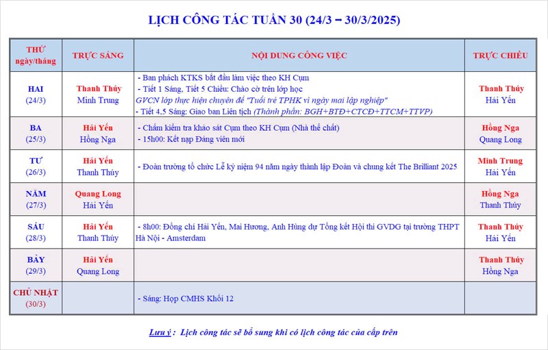 Lịch công tác tuần 30 - Năm học 2024-2025