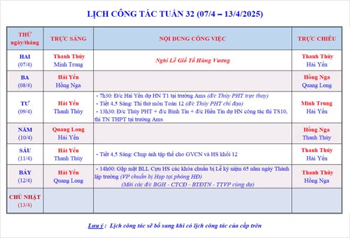 Lịch công tác tuần 32 - Năm học 2024-2025