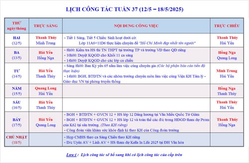 Lịch công tác tuần 37 - Năm học 2024-2025