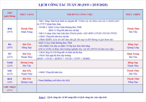 Lịch công tác tuần 38 - Năm học 2024-2025