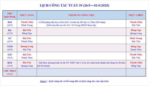 Lịch công tác tuần 39 - Năm học 2024-2025
