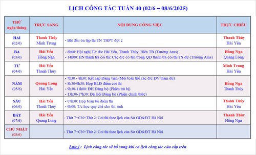 Lịch công tác tuần 40 - Năm học 2024-2025