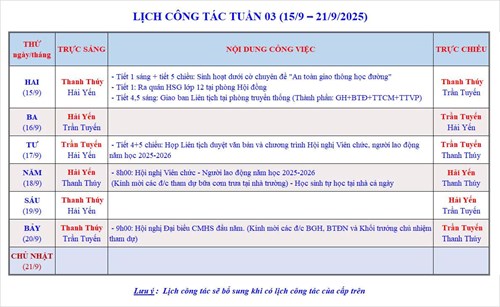 Lịch công tác tuần 2 - Năm học 2025-2026