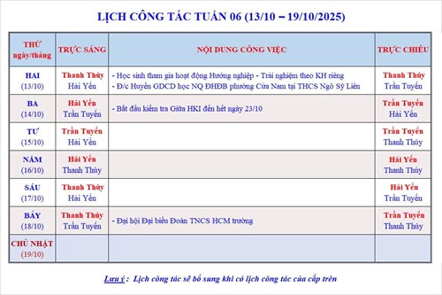 Lịch công tác tuần 6 - Năm học 2025-2026
