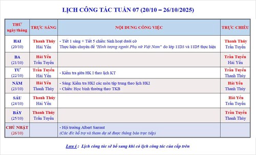 Lịch công tác tuần 7 - Năm học 2025-2026