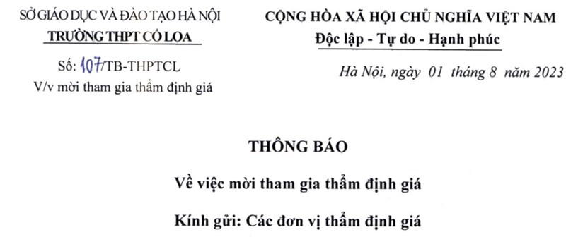 Thông báo: về việc mời tham gia thẩm định giá