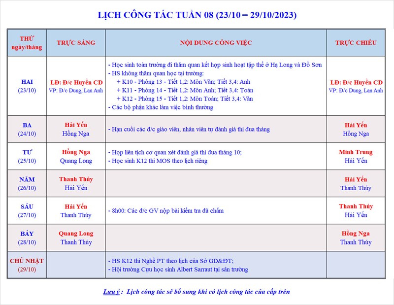 Lịch công tác tuần 8 - Năm học 2023-2024