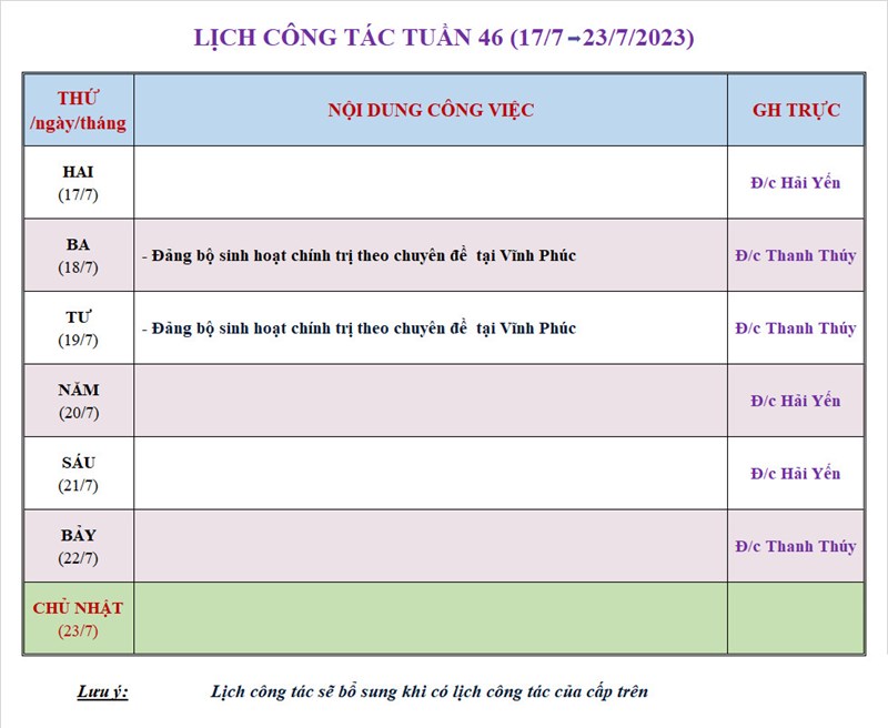 Lịch công tác tuần 46