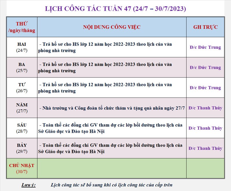 Lịch công tác tuần 47